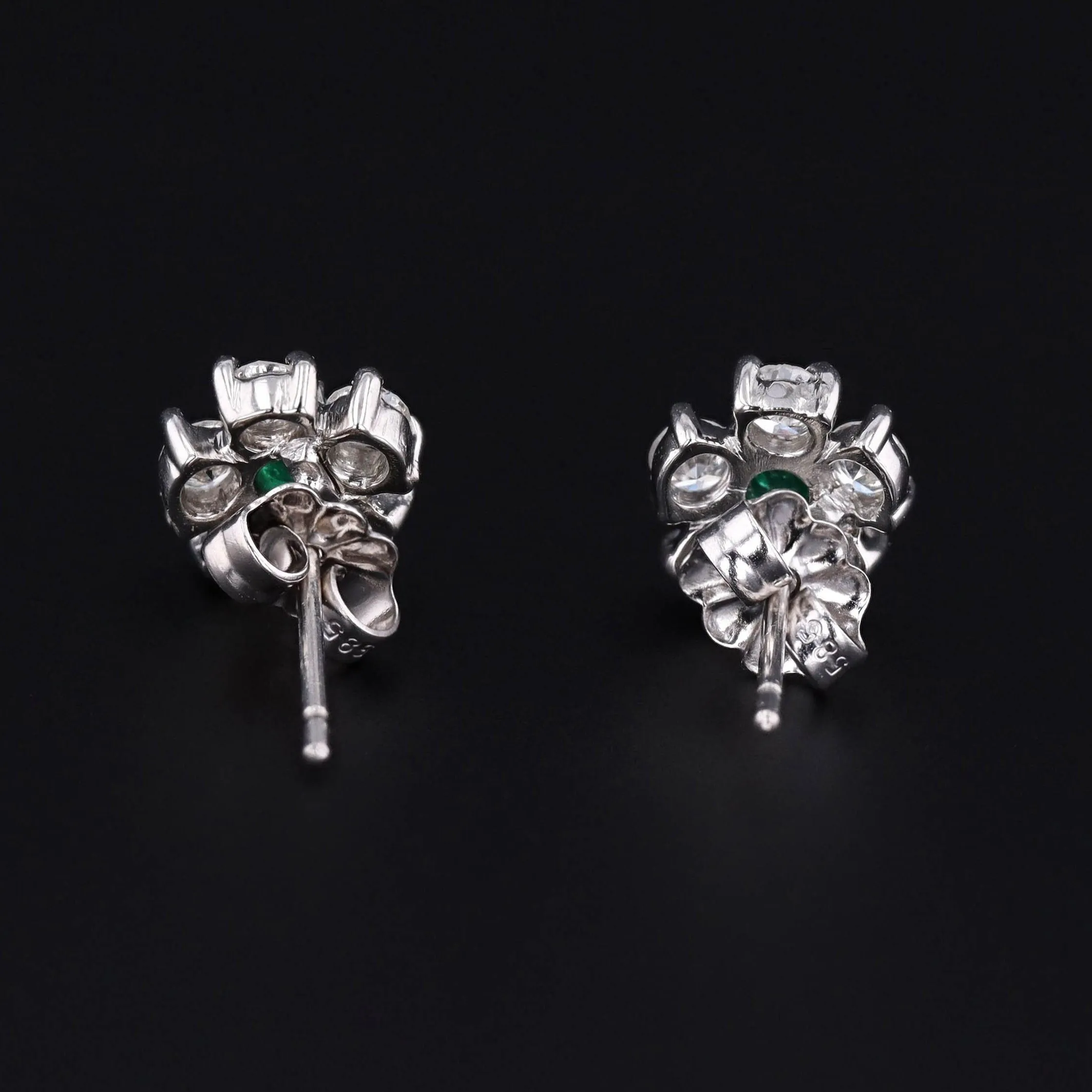 Emerald & Diamond Flower Earrings | Platinum and 14k White Gold Earrings