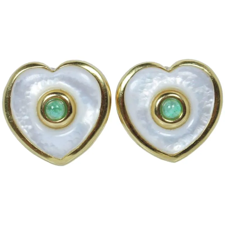 EMERALD and Pearl Cabochon 18 Karat Gold Clip On Earrings