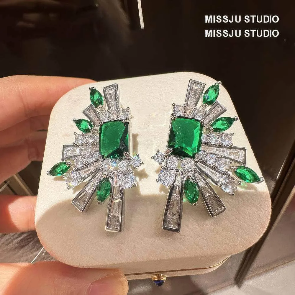 Emerald Crystal Rhinestone Tassel Statement Earrings