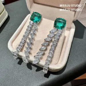 Emerald Crystal Rhinestone Tassel Statement Earrings