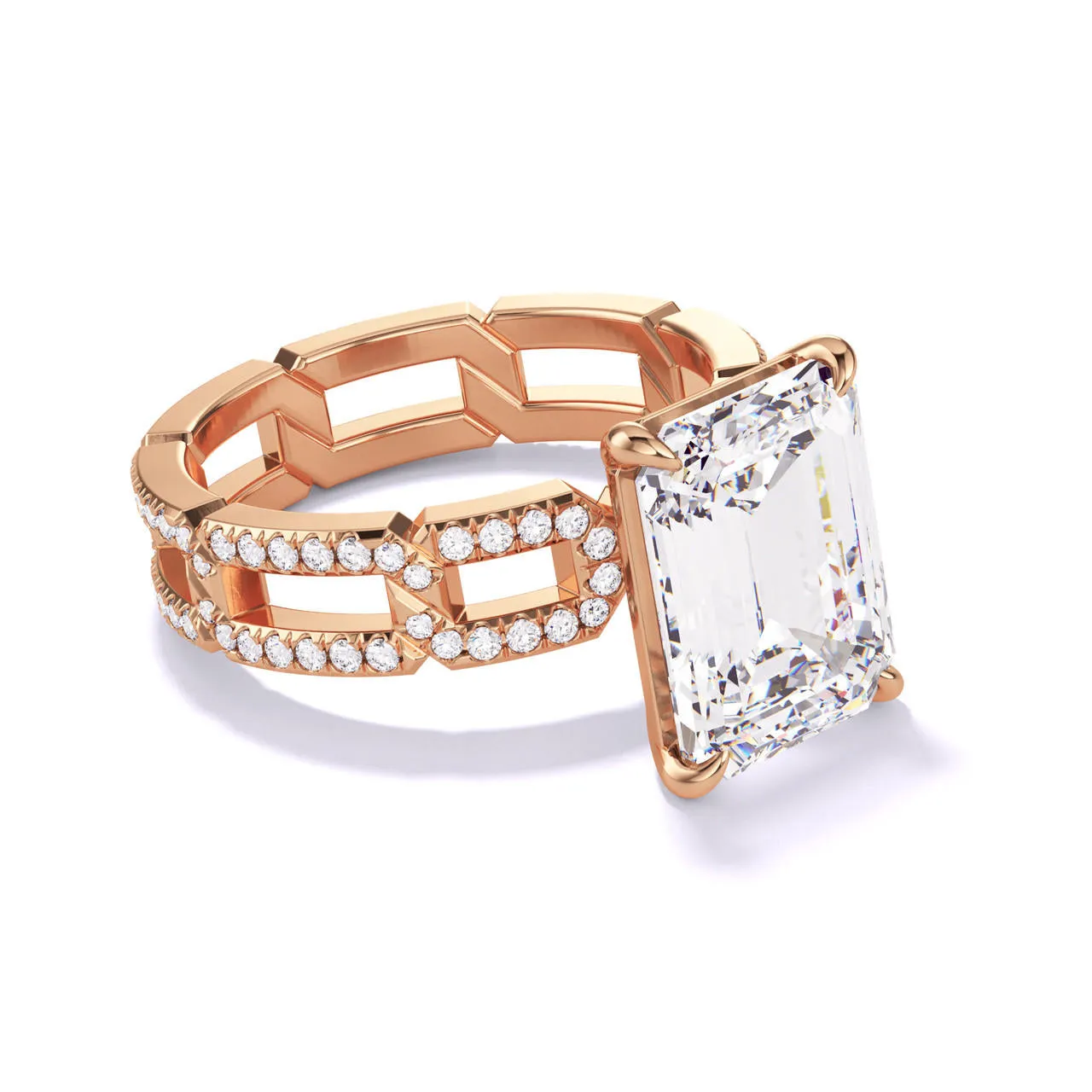 EMERALD CUT DIAMOND ENGAGEMENT RING WITH A CLASSIC 4 PRONG 8 PAVE LINKS SETTING IN 18K ROSE GOLD