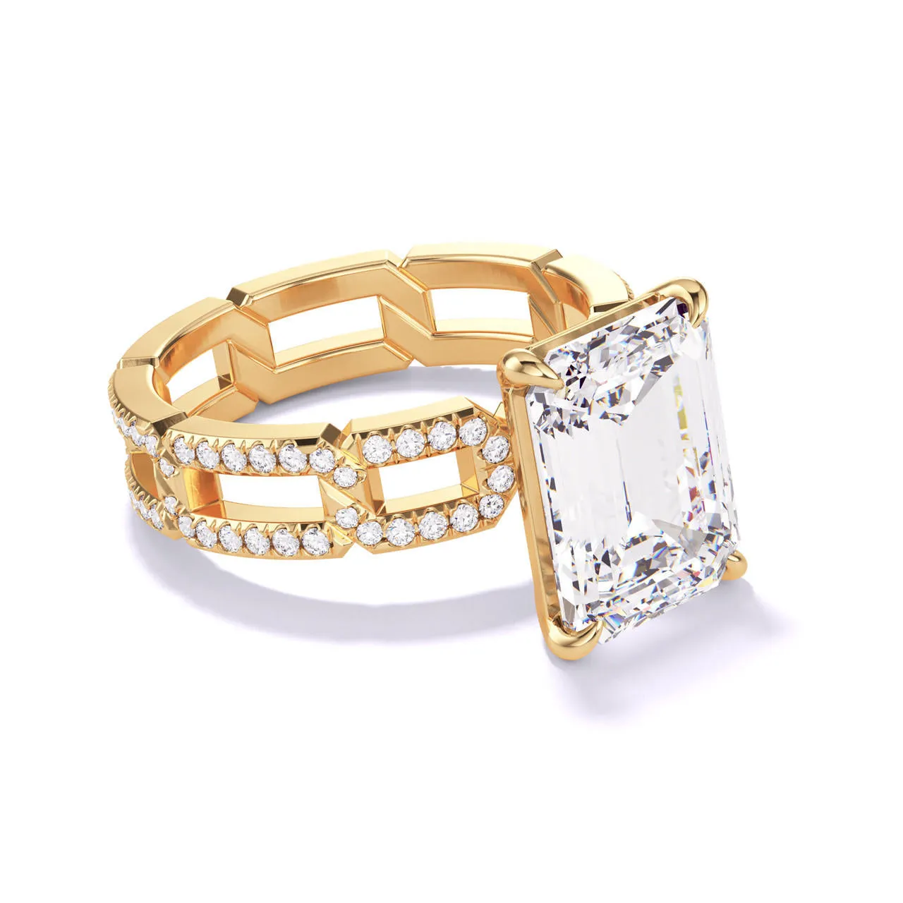 EMERALD CUT DIAMOND ENGAGEMENT RING WITH A CLASSIC 4 PRONG 8 PAVE LINKS SETTING IN 18K YELLOW GOLD