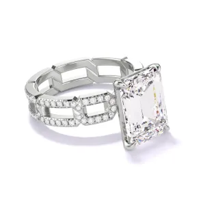 EMERALD CUT DIAMOND ENGAGEMENT RING WITH A CLASSIC 4 PRONG 8 PAVE LINKS SETTING IN PLATINUM