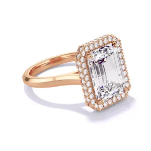 EMERALD CUT DIAMOND ENGAGEMENT RING WITH A WRAPPED HALO THREE PHASES SLIM SETTING IN 18K ROSE GOLD