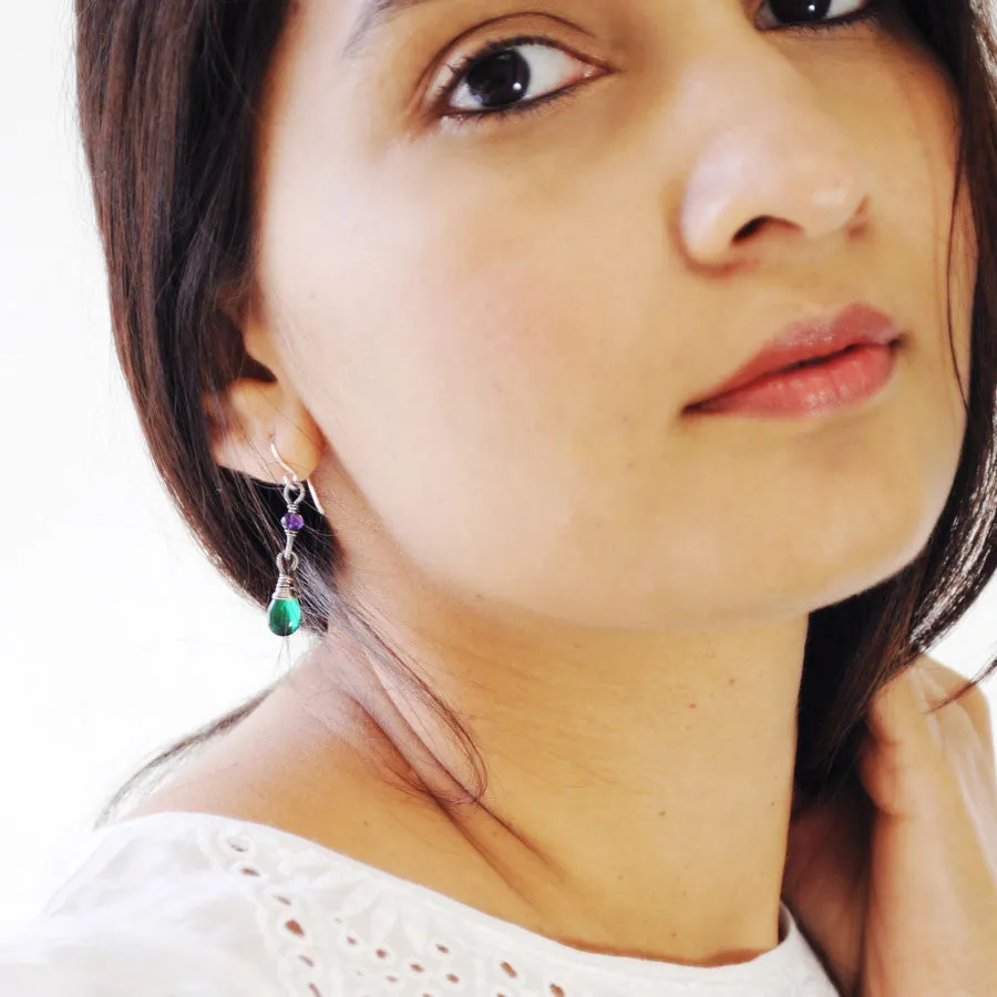 Emerald green and purple silver dangle earrings