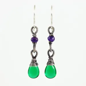 Emerald green and purple silver dangle earrings
