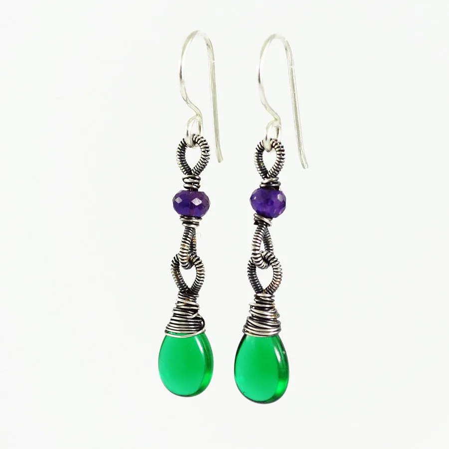 Emerald green and purple silver dangle earrings