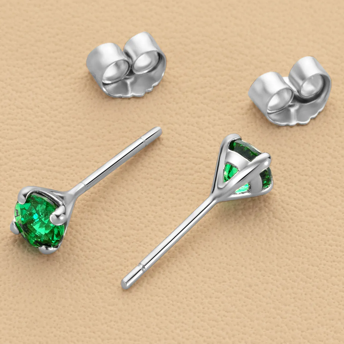 Emerald Petite Solitaire Stud Earrings 14K White Gold