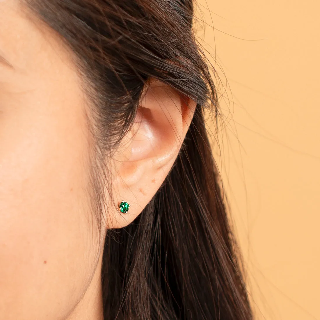 Emerald Petite Solitaire Stud Earrings 14K White Gold