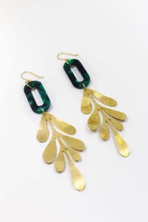 Emerald Tortoise and Brass Leaf Earrings