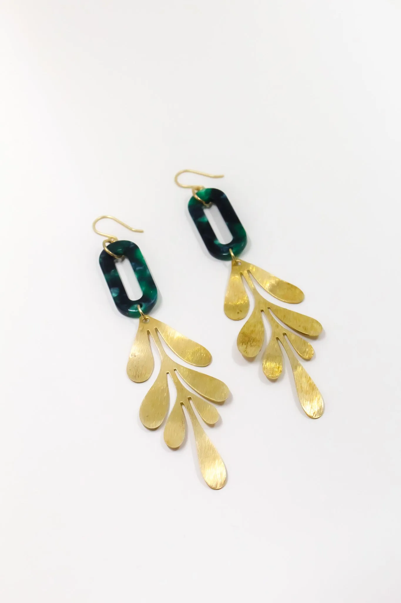 Emerald Tortoise and Brass Leaf Earrings