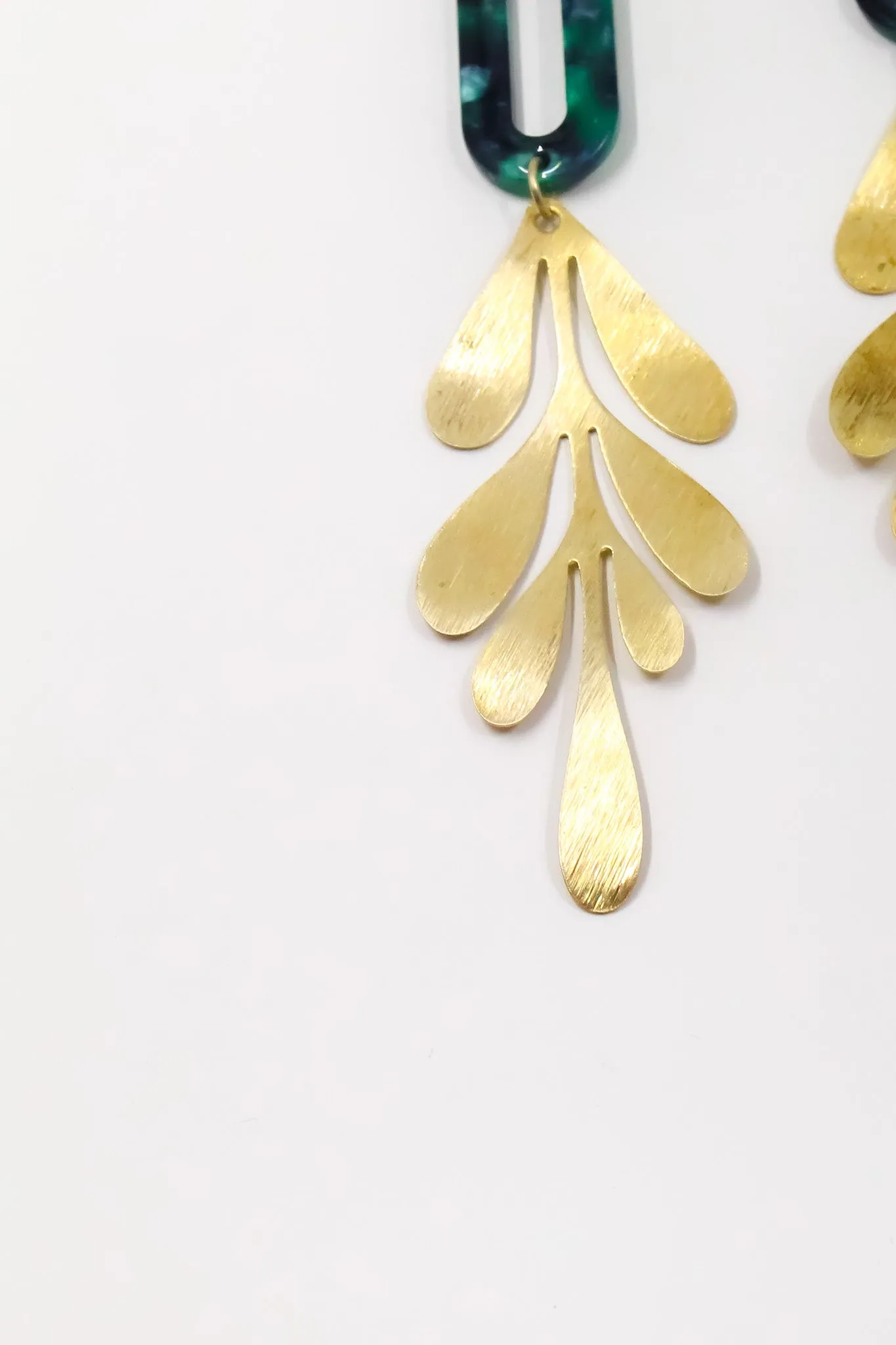Emerald Tortoise and Brass Leaf Earrings