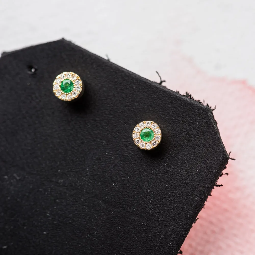 Emerald with Diamond Halo Stud Earrings in 14k Gold