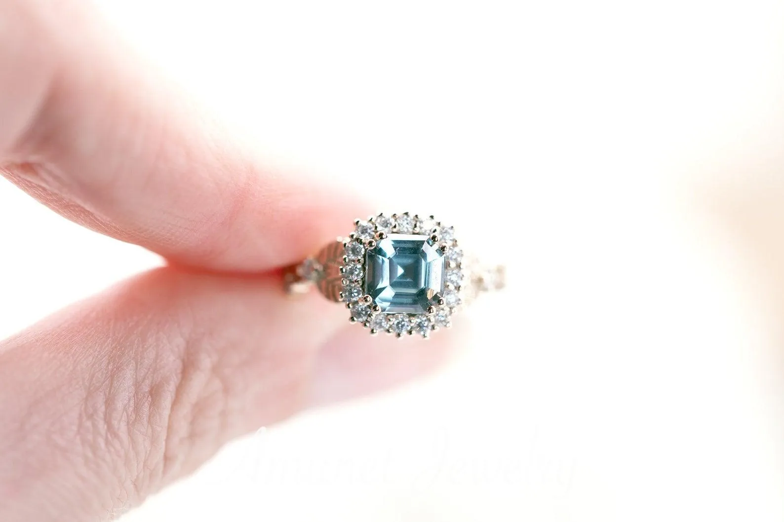 Engagement ring with asscher cut teal sapphire, leaf design ring, sapphire ring,  diamond ring. nature inspired ring