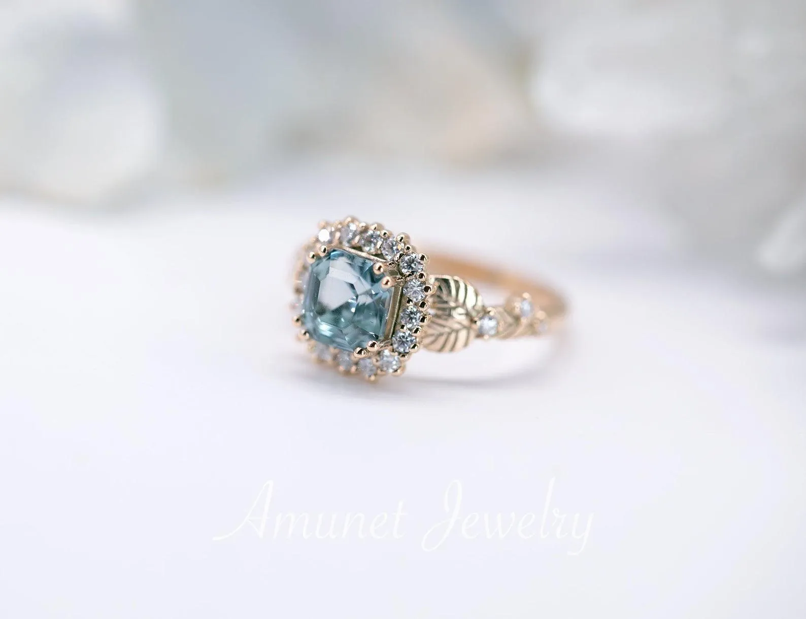 Engagement ring with asscher cut teal sapphire, leaf design ring, sapphire ring,  diamond ring. nature inspired ring