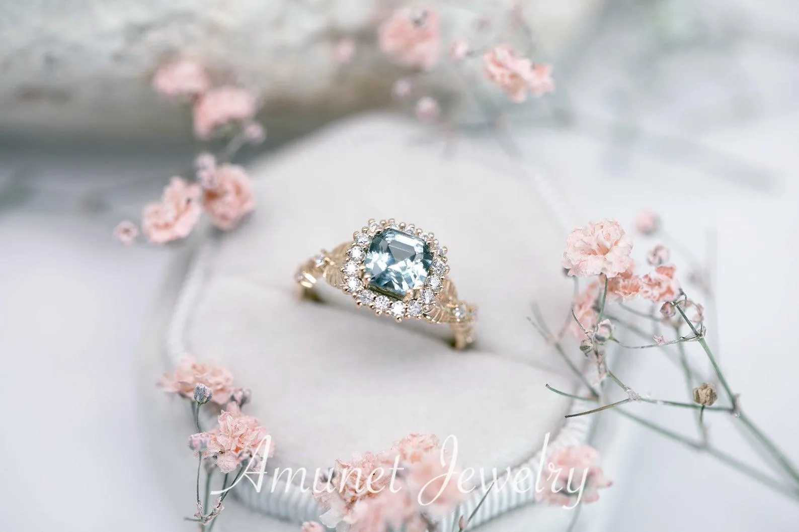 Engagement ring with asscher cut teal sapphire, leaf design ring, sapphire ring,  diamond ring. nature inspired ring