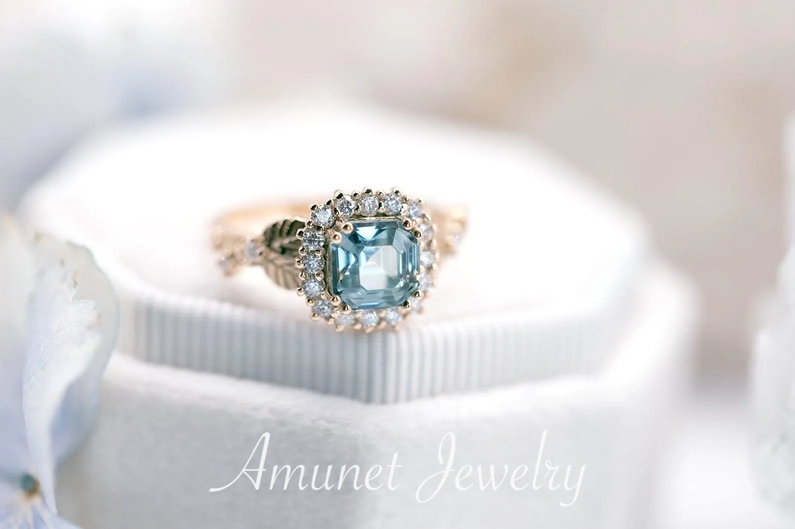 Engagement ring with asscher cut teal sapphire, leaf design ring, sapphire ring,  diamond ring. nature inspired ring