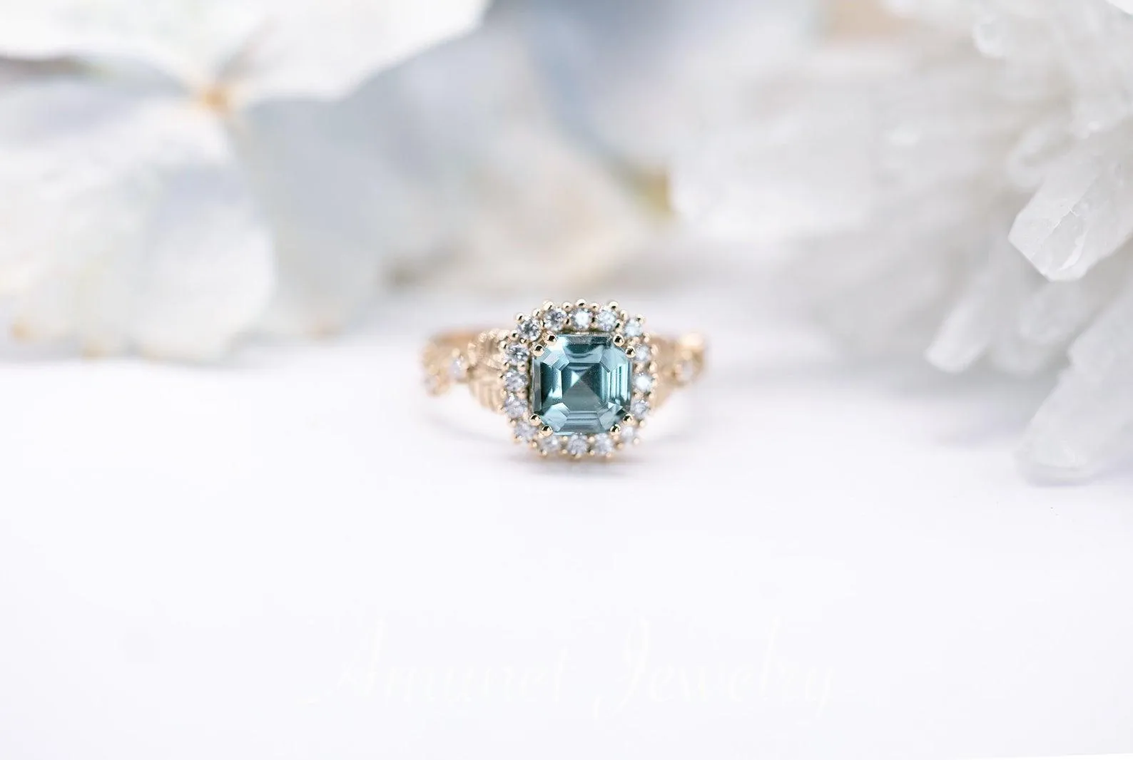 Engagement ring with asscher cut teal sapphire, leaf design ring, sapphire ring,  diamond ring. nature inspired ring
