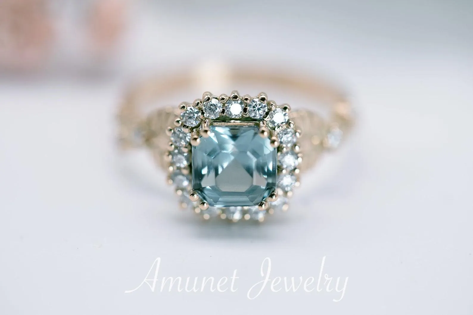 Engagement ring with asscher cut teal sapphire, leaf design ring, sapphire ring,  diamond ring. nature inspired ring