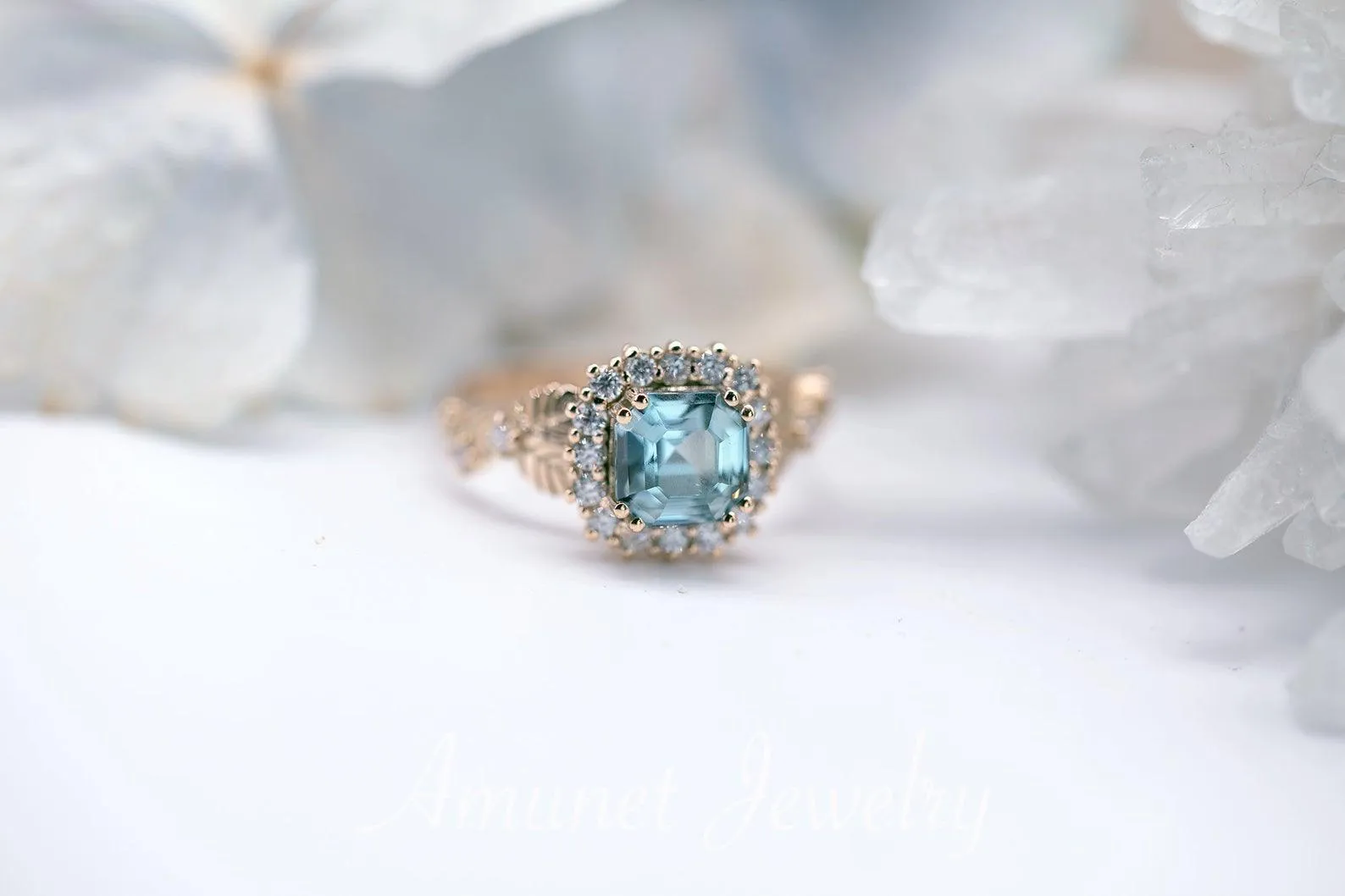 Engagement ring with asscher cut teal sapphire, leaf design ring, sapphire ring,  diamond ring. nature inspired ring