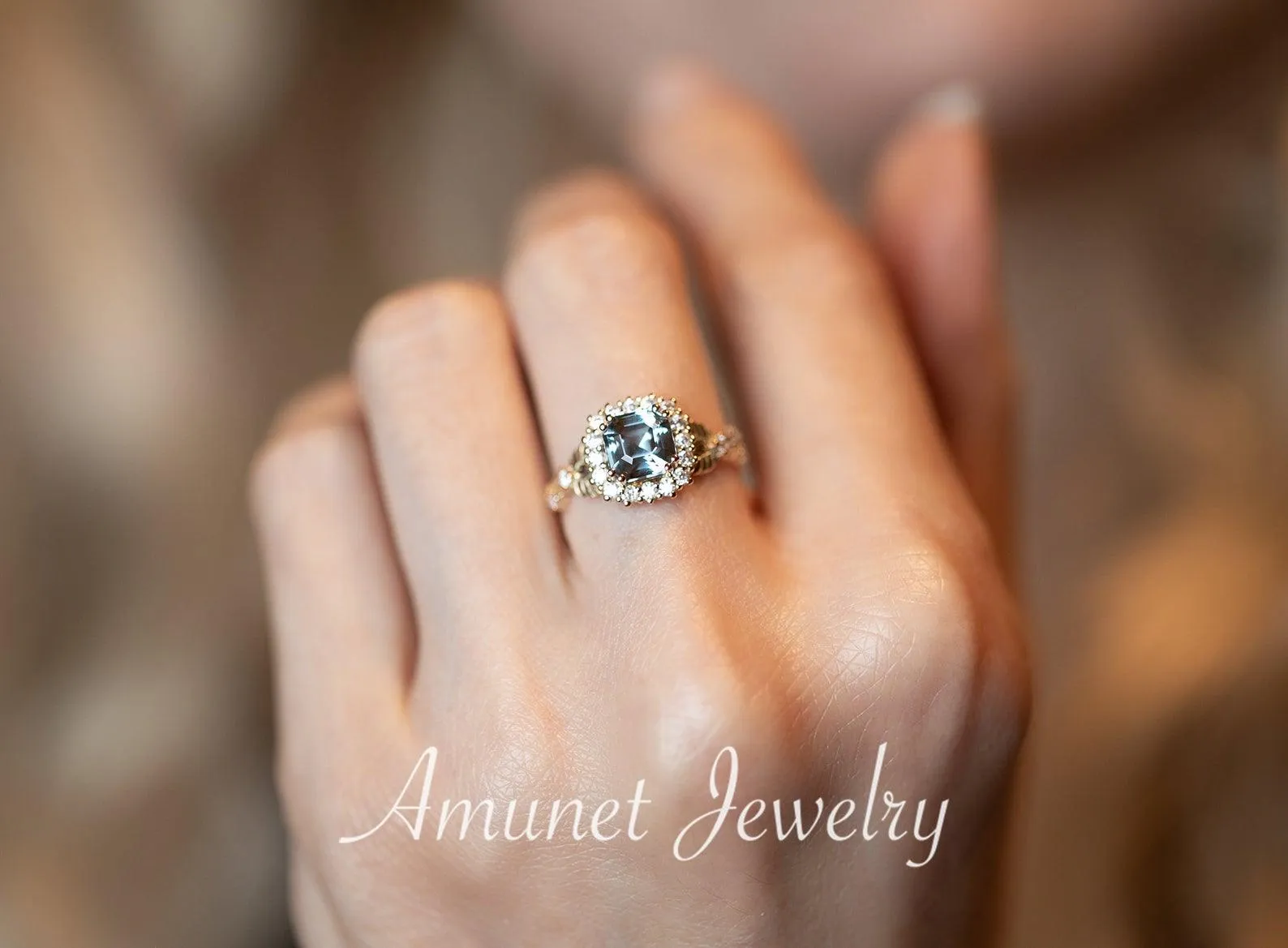 Engagement ring with asscher cut teal sapphire, leaf design ring, sapphire ring,  diamond ring. nature inspired ring