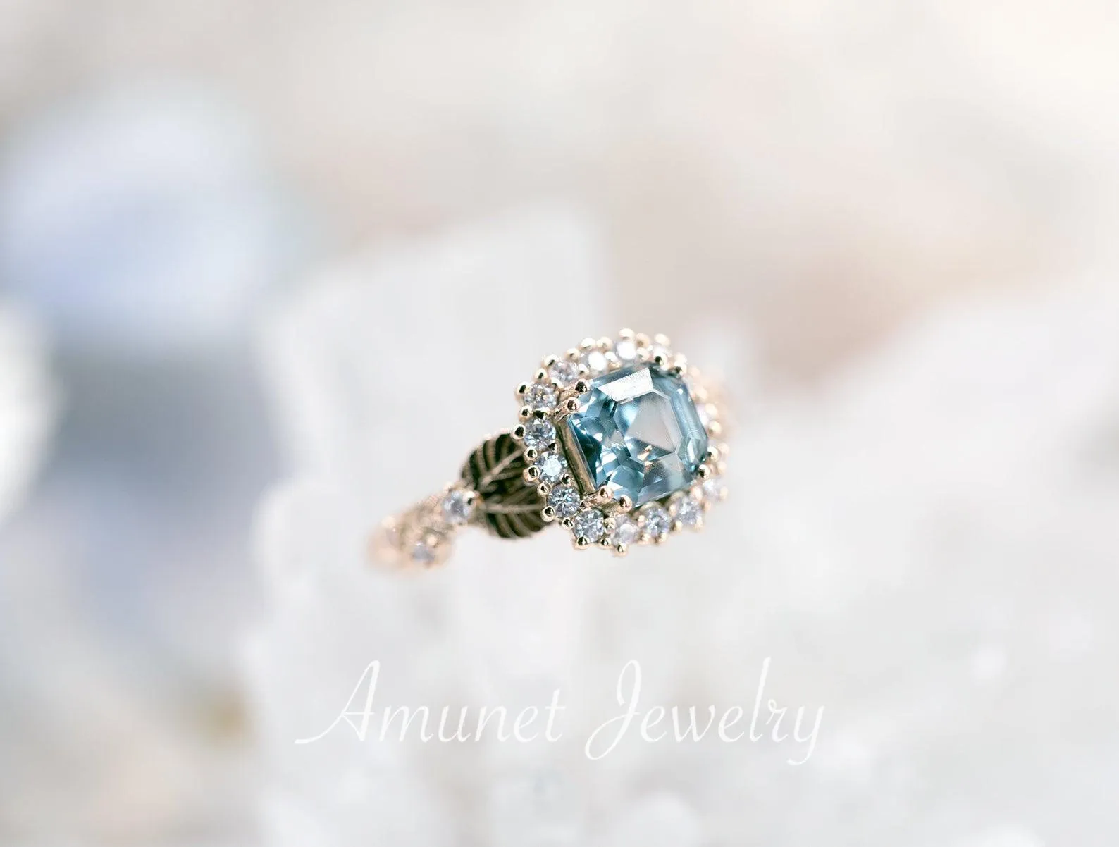 Engagement ring with asscher cut teal sapphire, leaf design ring, sapphire ring,  diamond ring. nature inspired ring