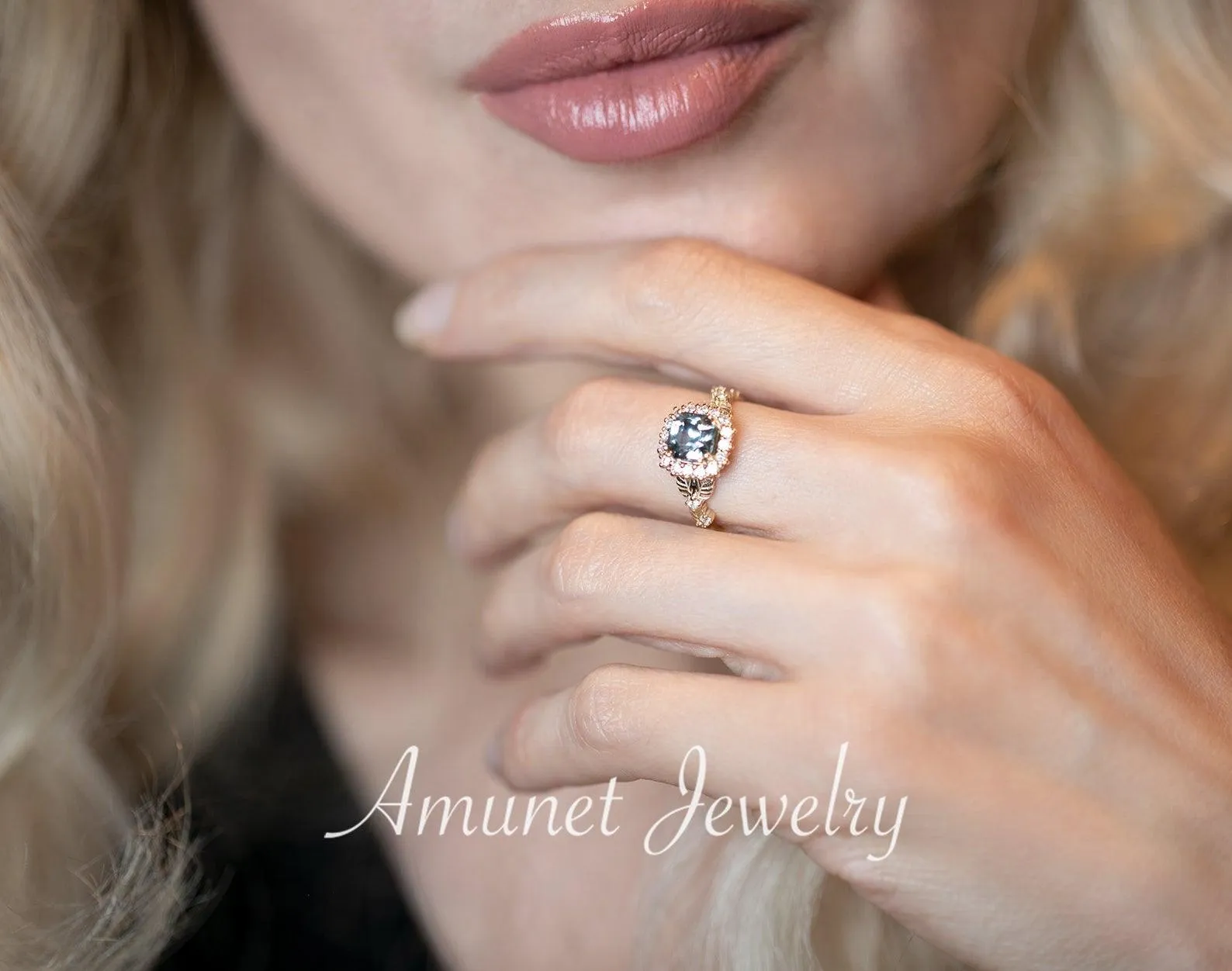 Engagement ring with asscher cut teal sapphire, leaf design ring, sapphire ring,  diamond ring. nature inspired ring