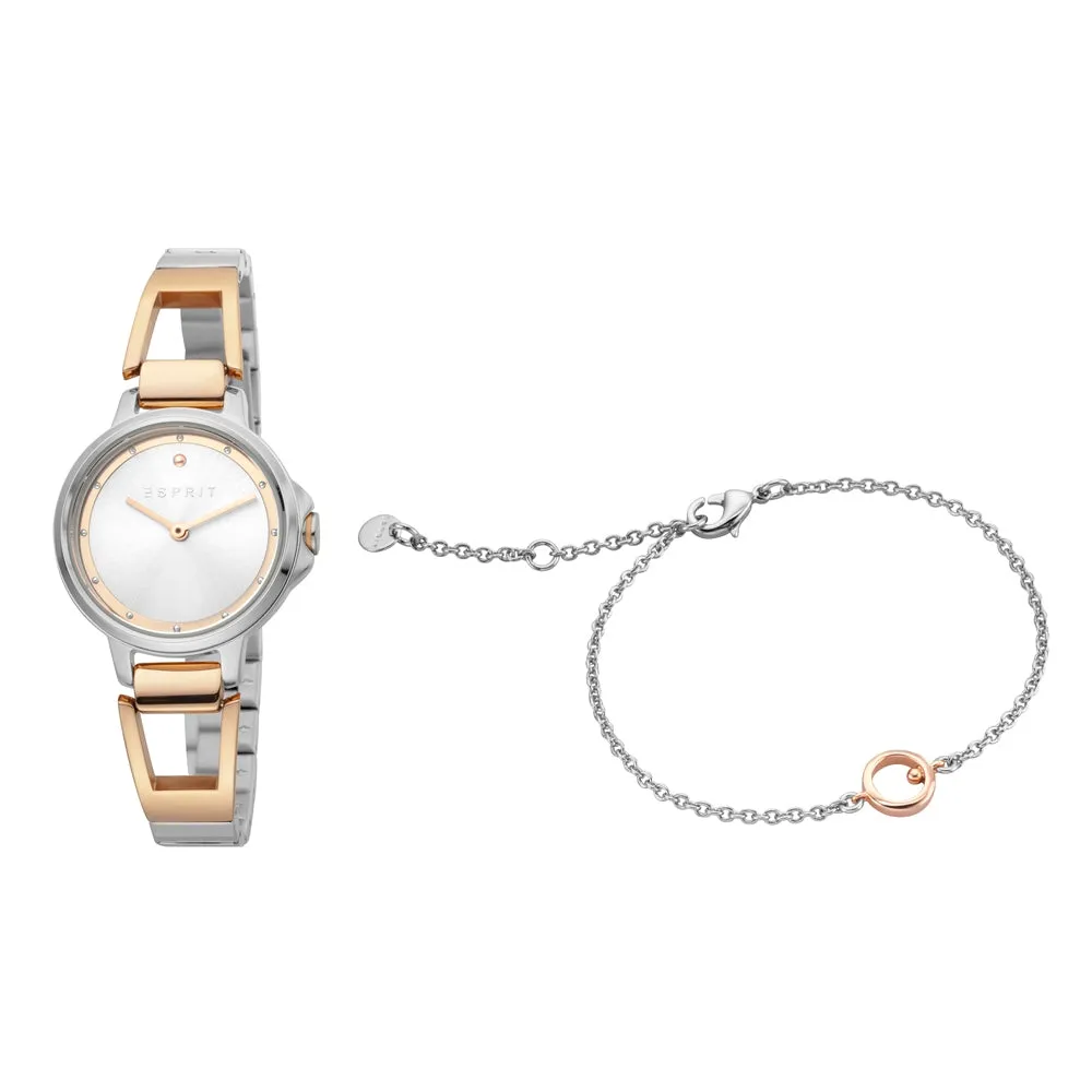 Esprit Ladies Watch Silver Color Bracelet & White Dial Set With Accessories