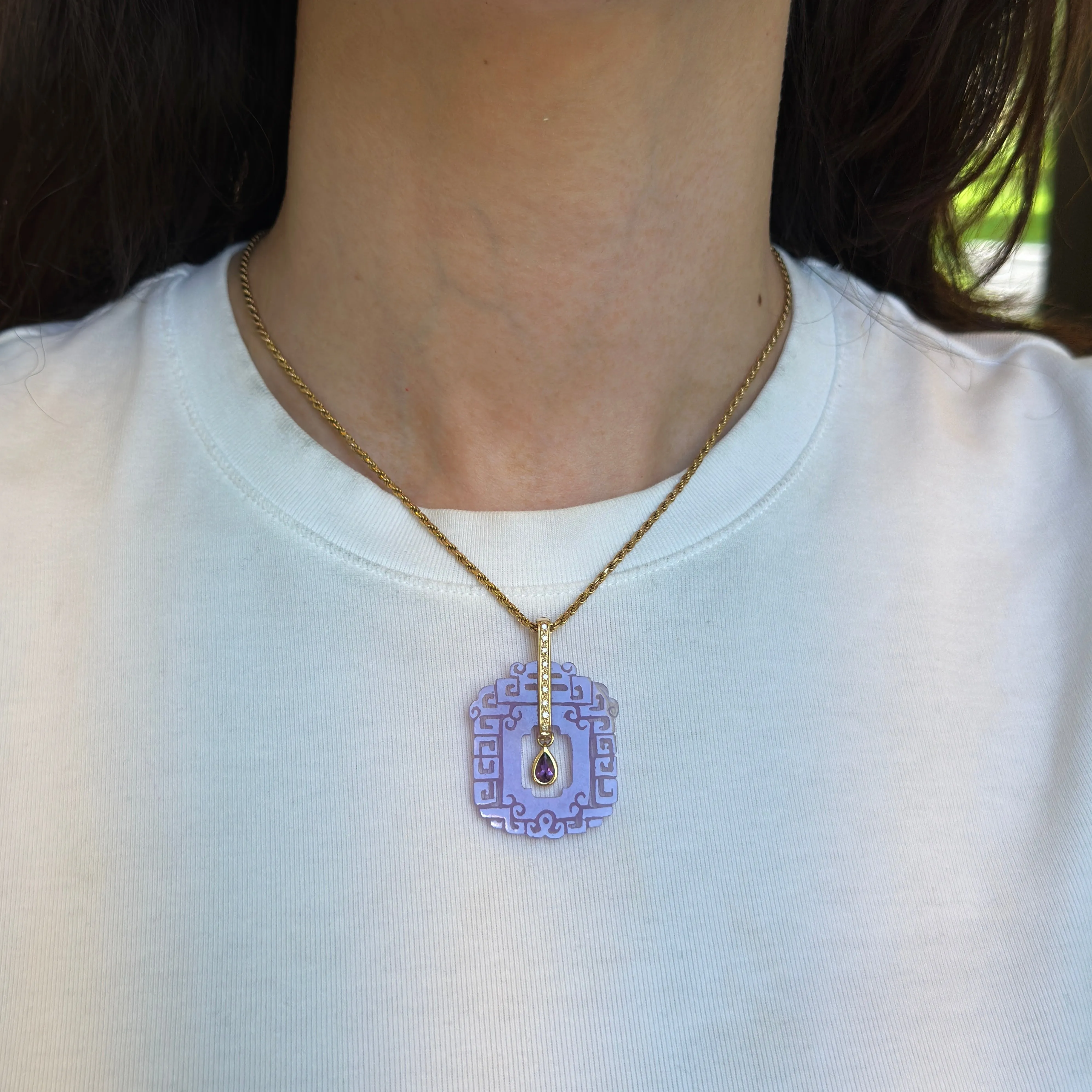 Estate 14KT Yellow Gold Carved Purple Jadeite, Amethyst   Diamond Pendant