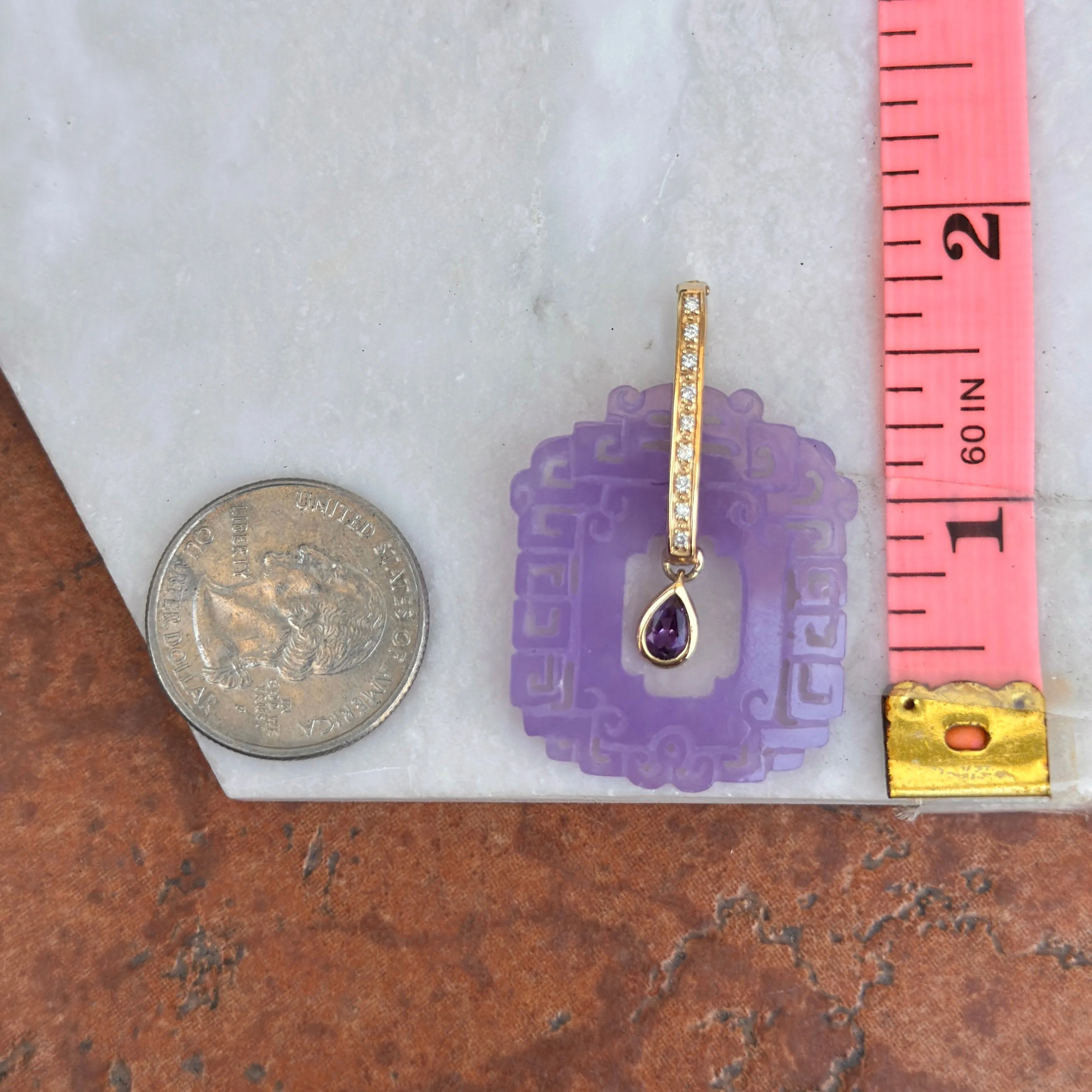 Estate 14KT Yellow Gold Carved Purple Jadeite, Amethyst   Diamond Pendant