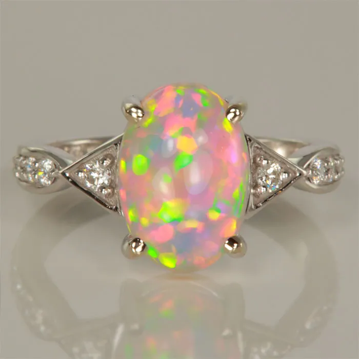 Ethiopian Opal Cabochon & Diamond Ring in 14k White Gold 2.38ct