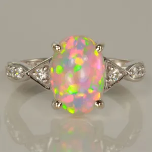 Ethiopian Opal Cabochon & Diamond Ring in 14k White Gold 2.38ct