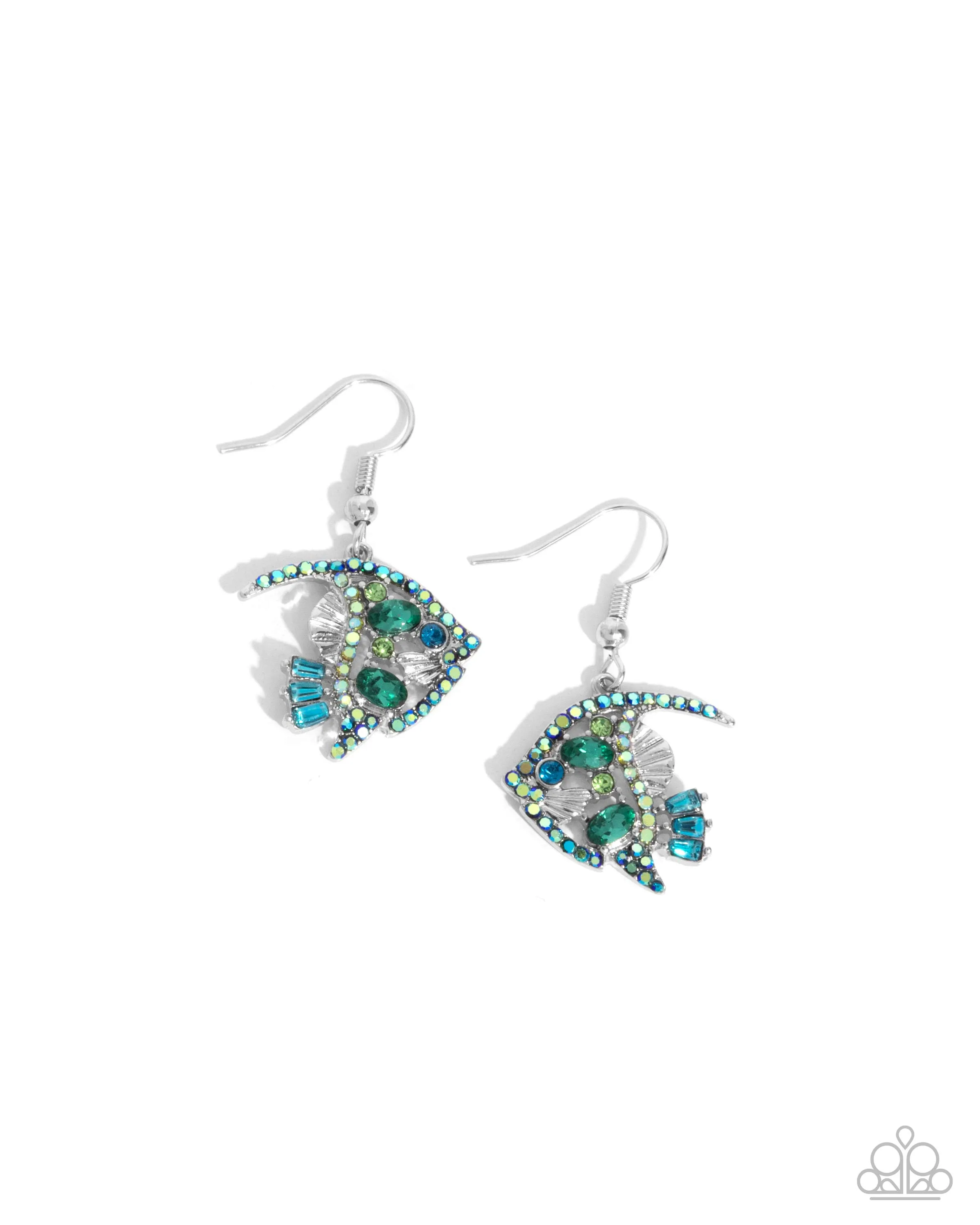 Fancy Free Fish - Green - Blue, and Iridescent Rhinestone Paparazzi Fishhook Earrings