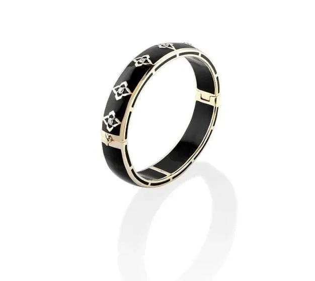 Farah Khan 18K Yellow Gold 10mm Diamond Black Ceramic Hinged Bangle