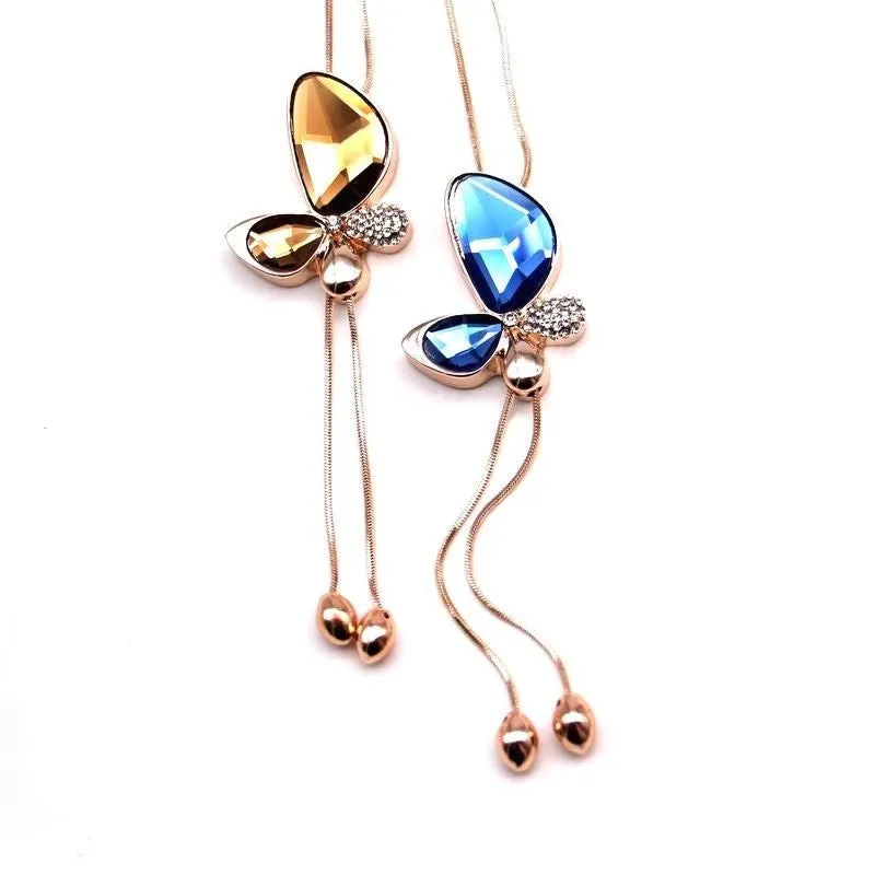 Fine Trendy Statement Crystal Butterfly Tassel Long Necklace Women New Gold Plated Jewelry Bijoux Necklaces & Pendants