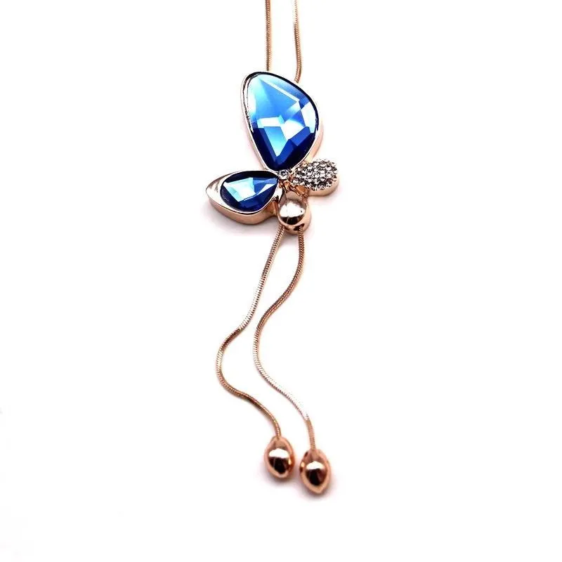 Fine Trendy Statement Crystal Butterfly Tassel Long Necklace Women New Gold Plated Jewelry Bijoux Necklaces & Pendants