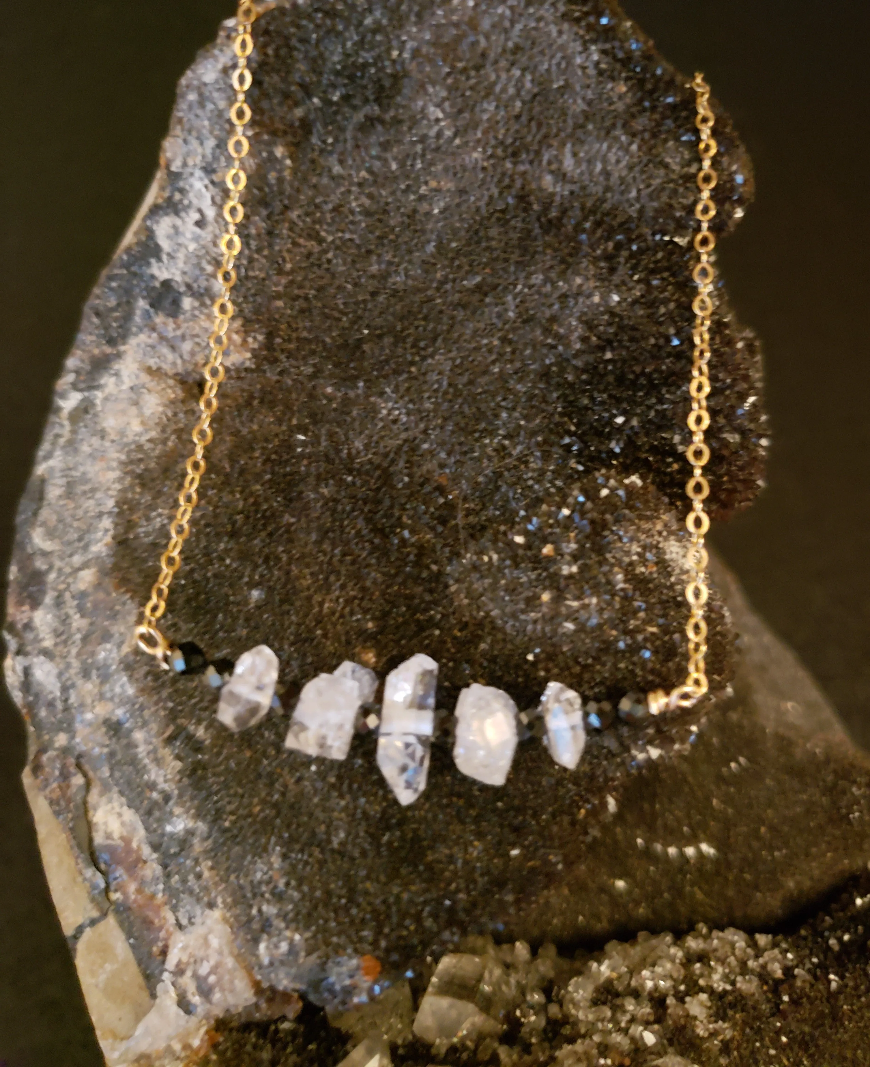 Five Herkimer Diamods Bar Pendant With Faceted Pyrite on Gold-Filled Chain Raises Spirtual Consciousness.