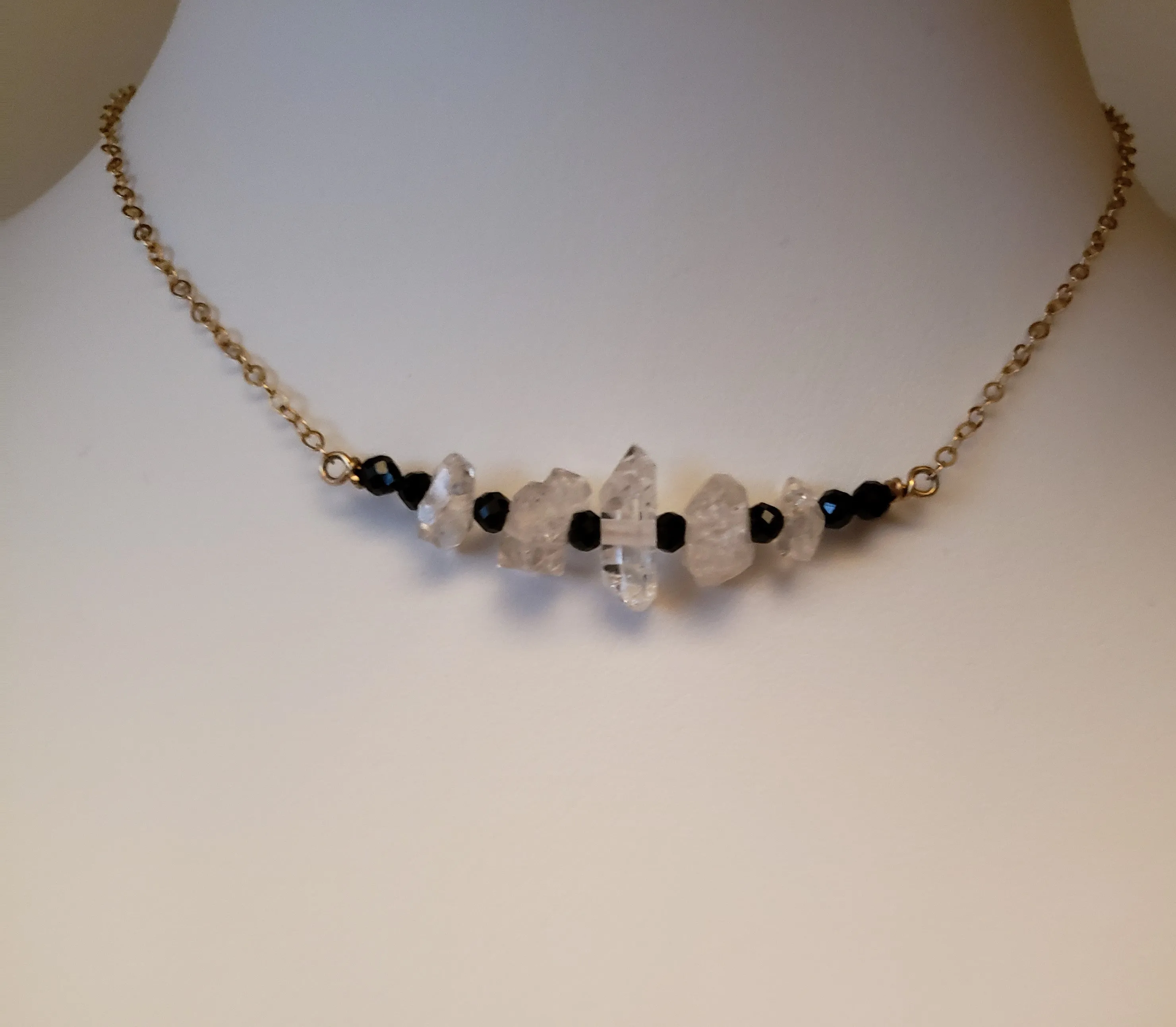 Five Herkimer Diamods Bar Pendant With Faceted Pyrite on Gold-Filled Chain Raises Spirtual Consciousness.