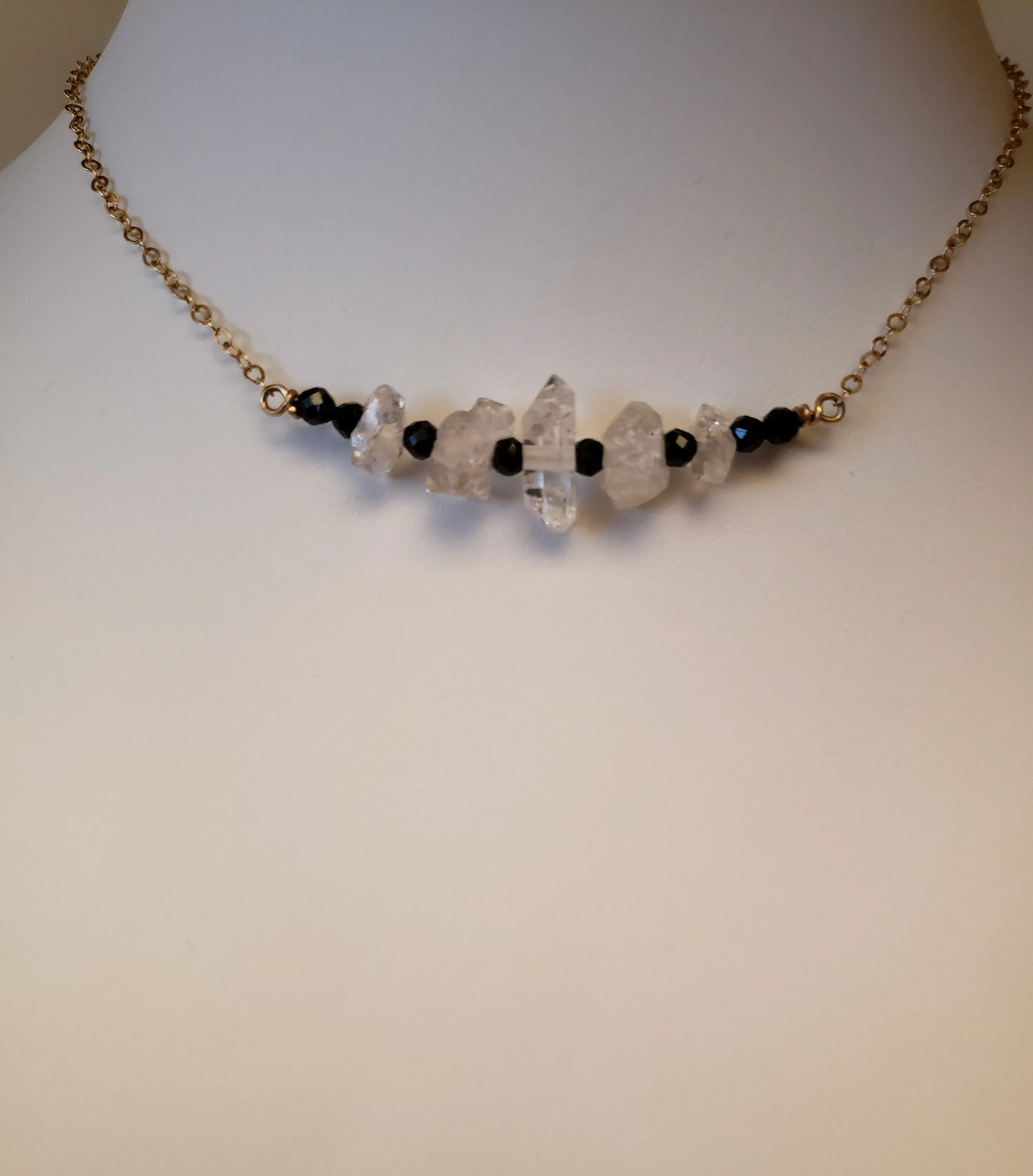 Five Herkimer Diamods Bar Pendant With Faceted Pyrite on Gold-Filled Chain Raises Spirtual Consciousness.
