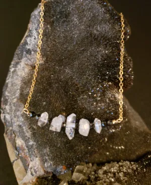 Five Herkimer Diamods Bar Pendant With Faceted Pyrite on Gold-Filled Chain Raises Spirtual Consciousness.