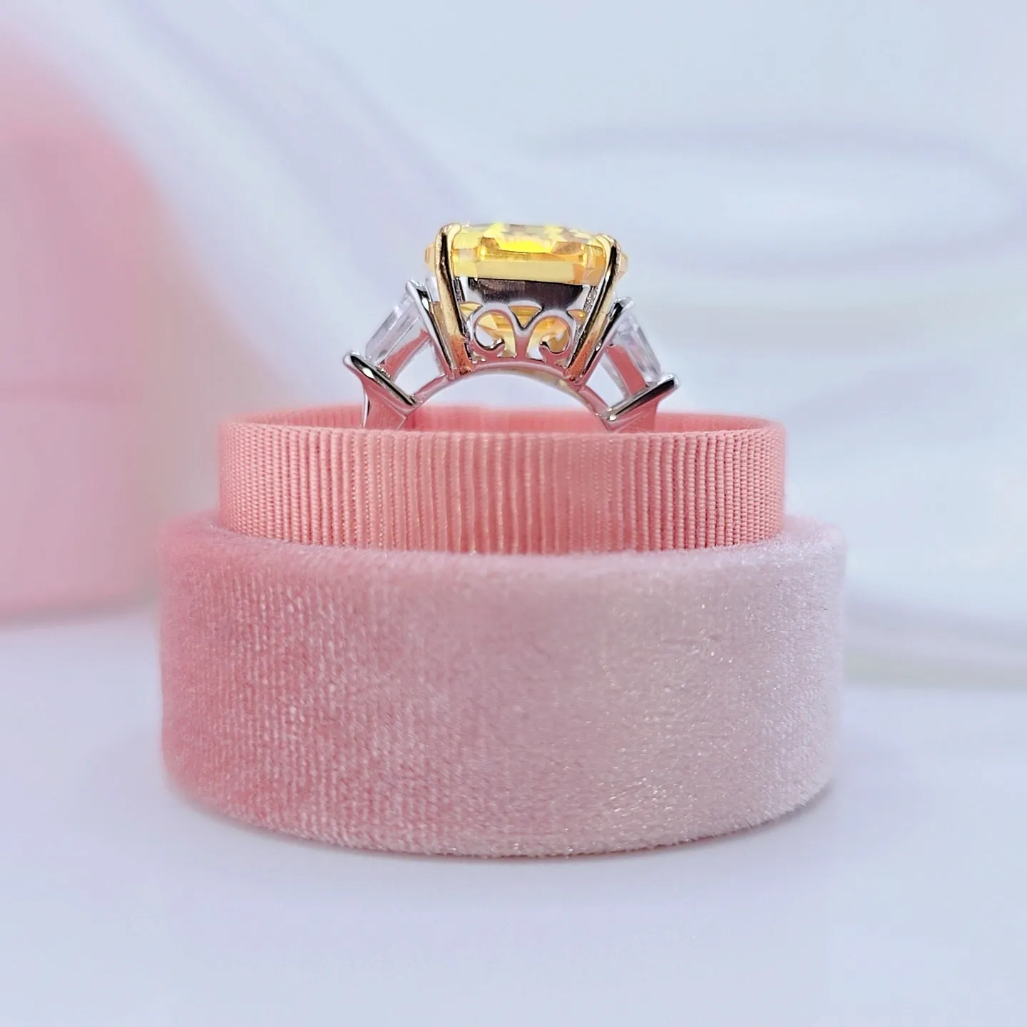 Flash Sale - Yellow Sapphire Asscher Cut Three Stone Engagement Ring