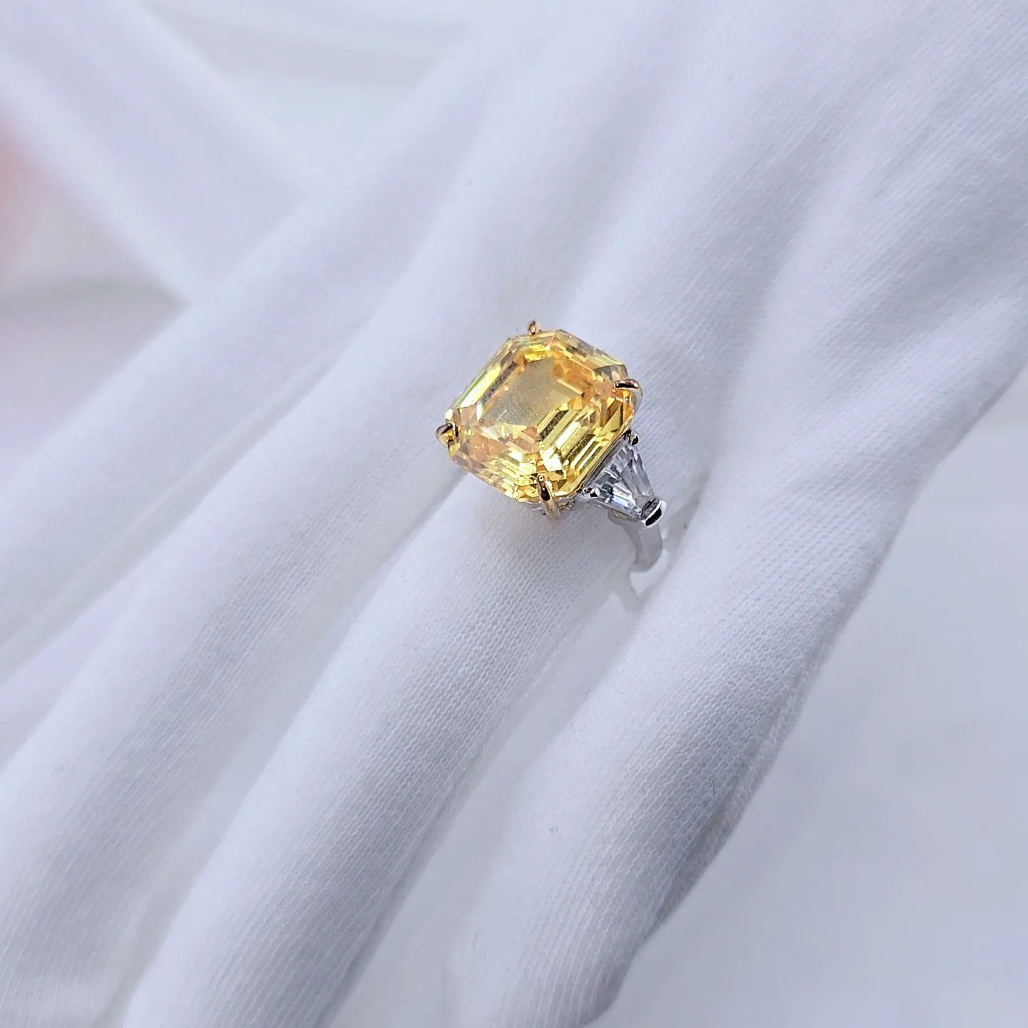 Flash Sale - Yellow Sapphire Asscher Cut Three Stone Engagement Ring