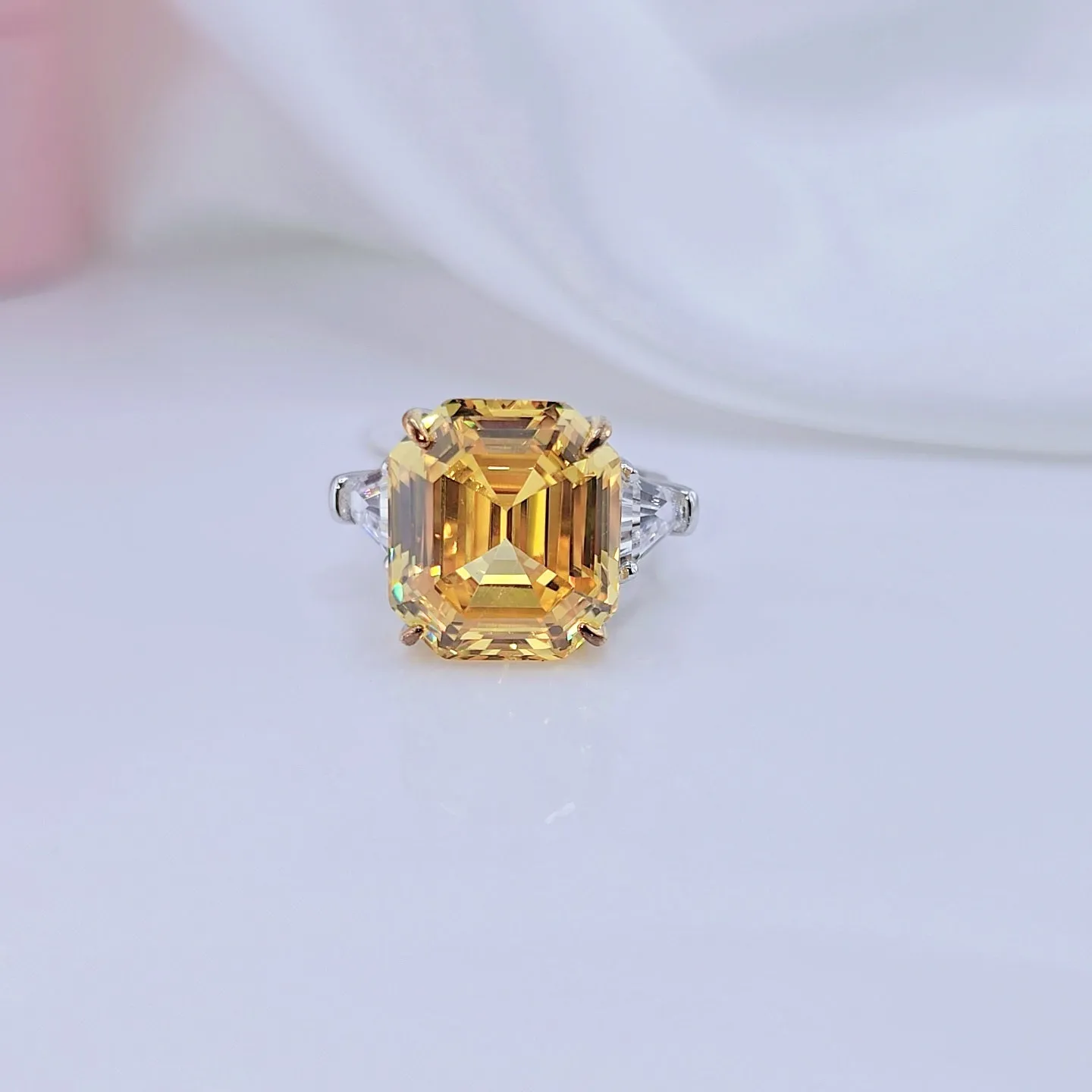 Flash Sale - Yellow Sapphire Asscher Cut Three Stone Engagement Ring