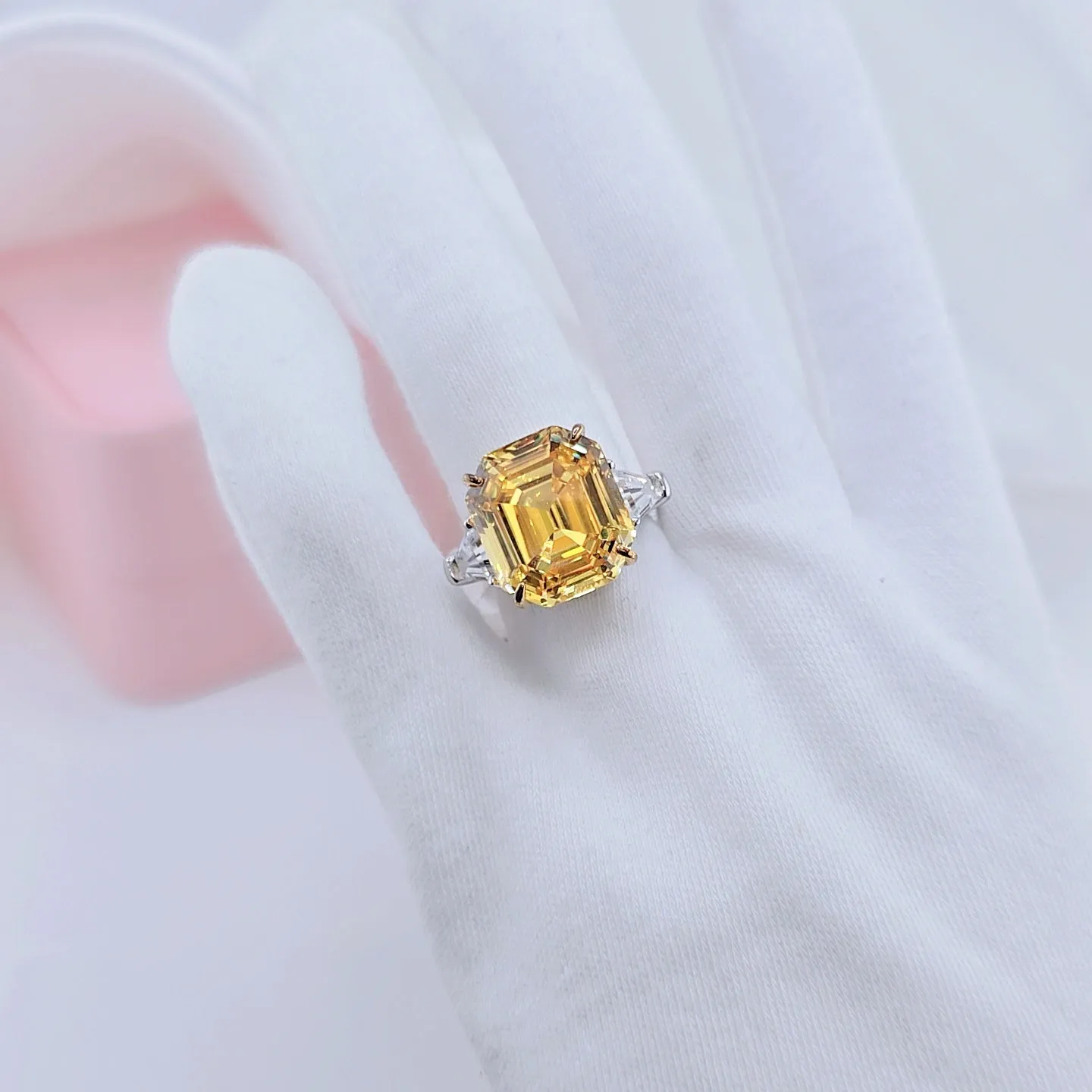 Flash Sale - Yellow Sapphire Asscher Cut Three Stone Engagement Ring