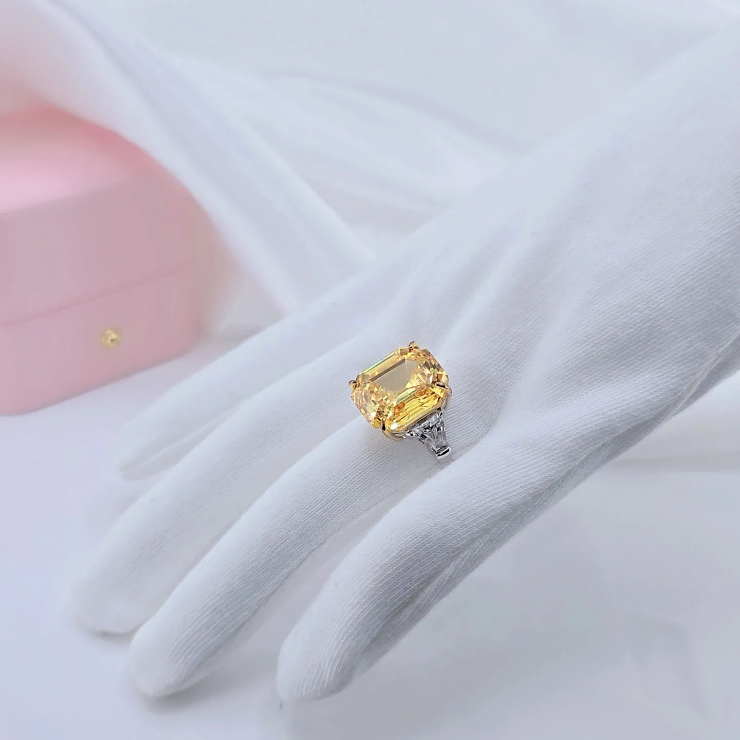Flash Sale - Yellow Sapphire Asscher Cut Three Stone Engagement Ring