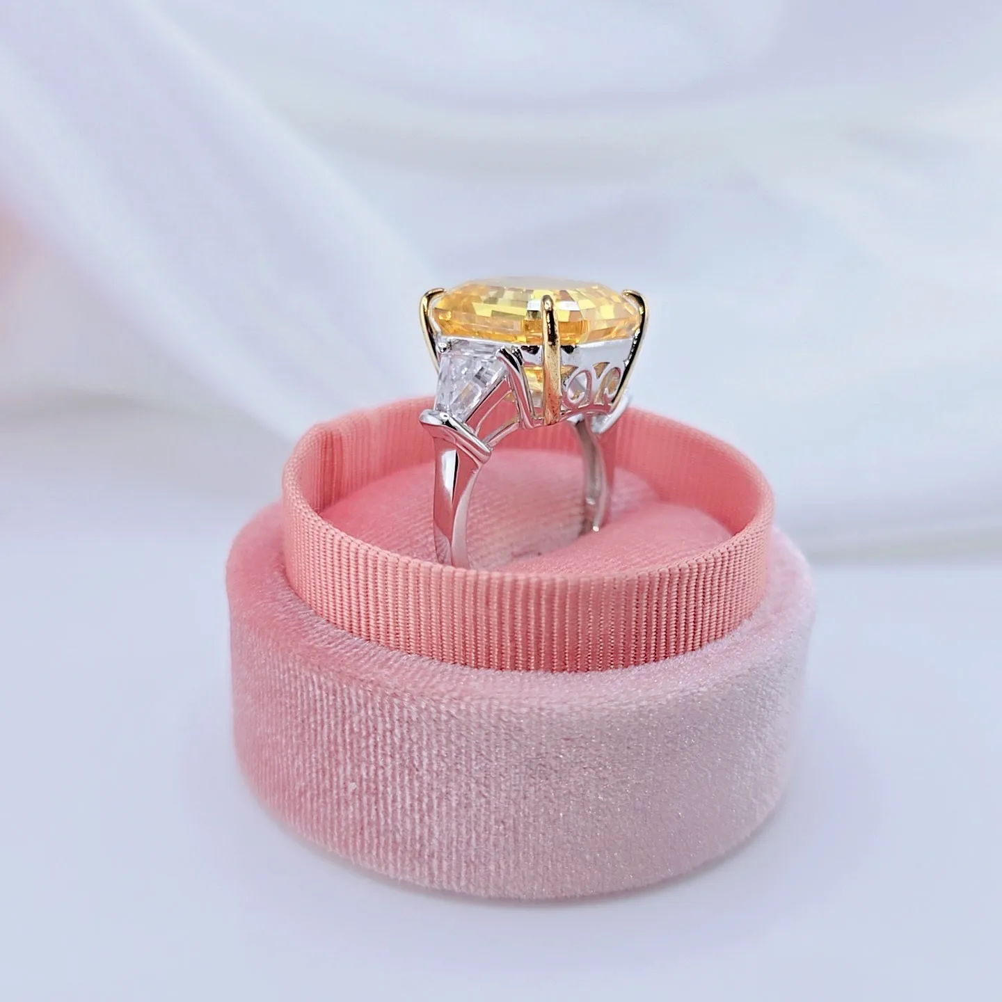 Flash Sale - Yellow Sapphire Asscher Cut Three Stone Engagement Ring