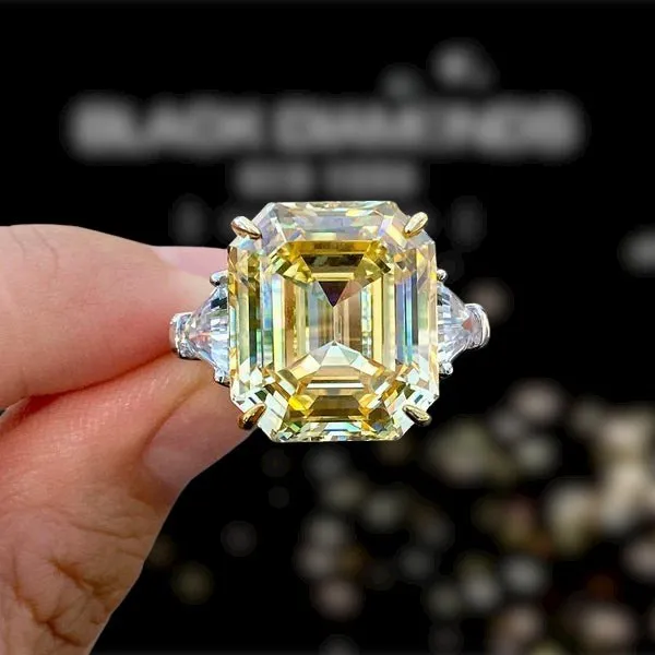 Flash Sale - Yellow Sapphire Asscher Cut Three Stone Engagement Ring