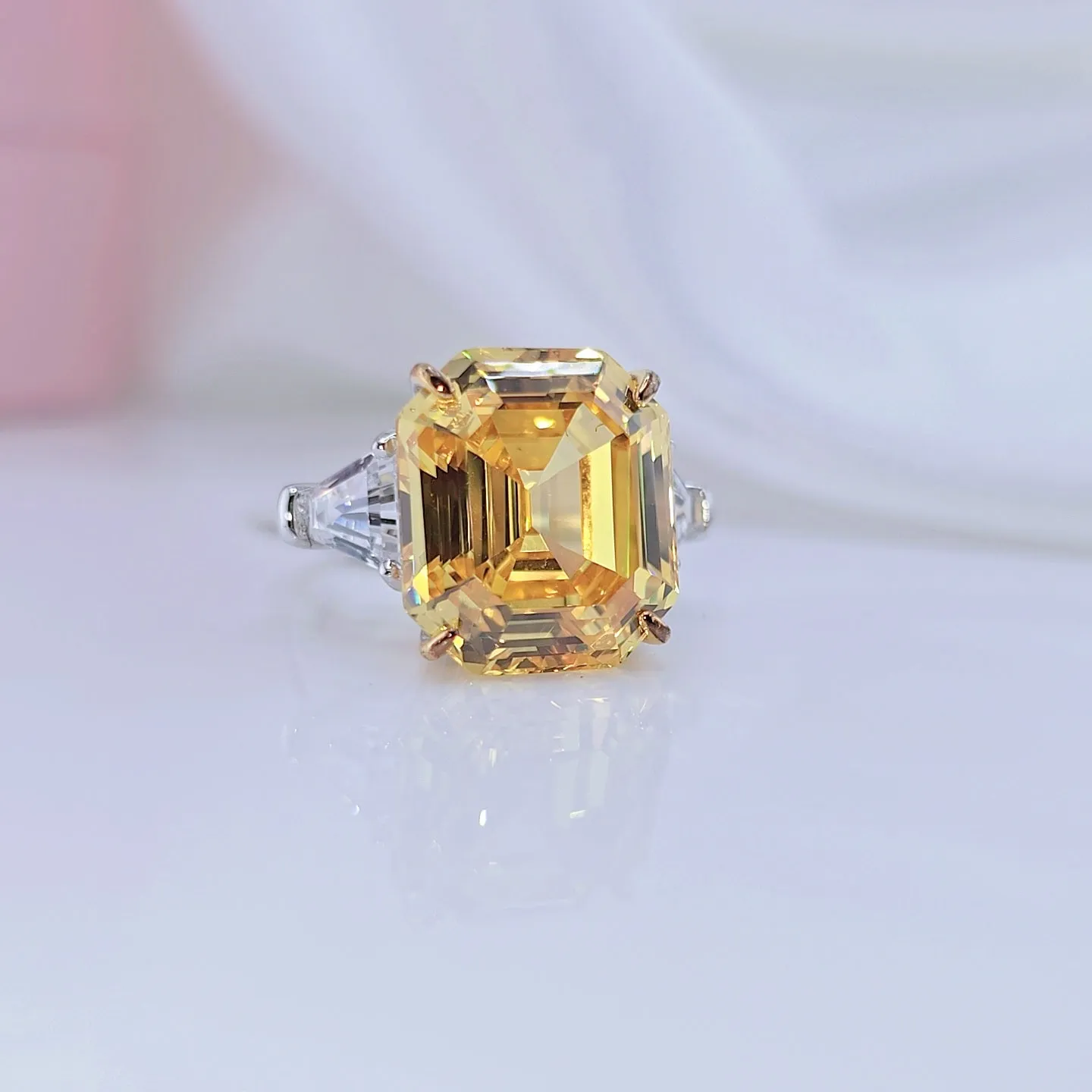 Flash Sale - Yellow Sapphire Asscher Cut Three Stone Engagement Ring