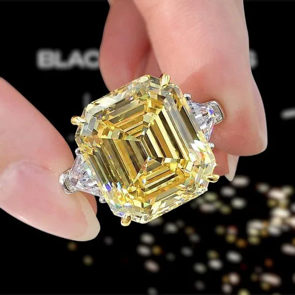 Flash Sale - Yellow Sapphire Asscher Cut Three Stone Engagement Ring