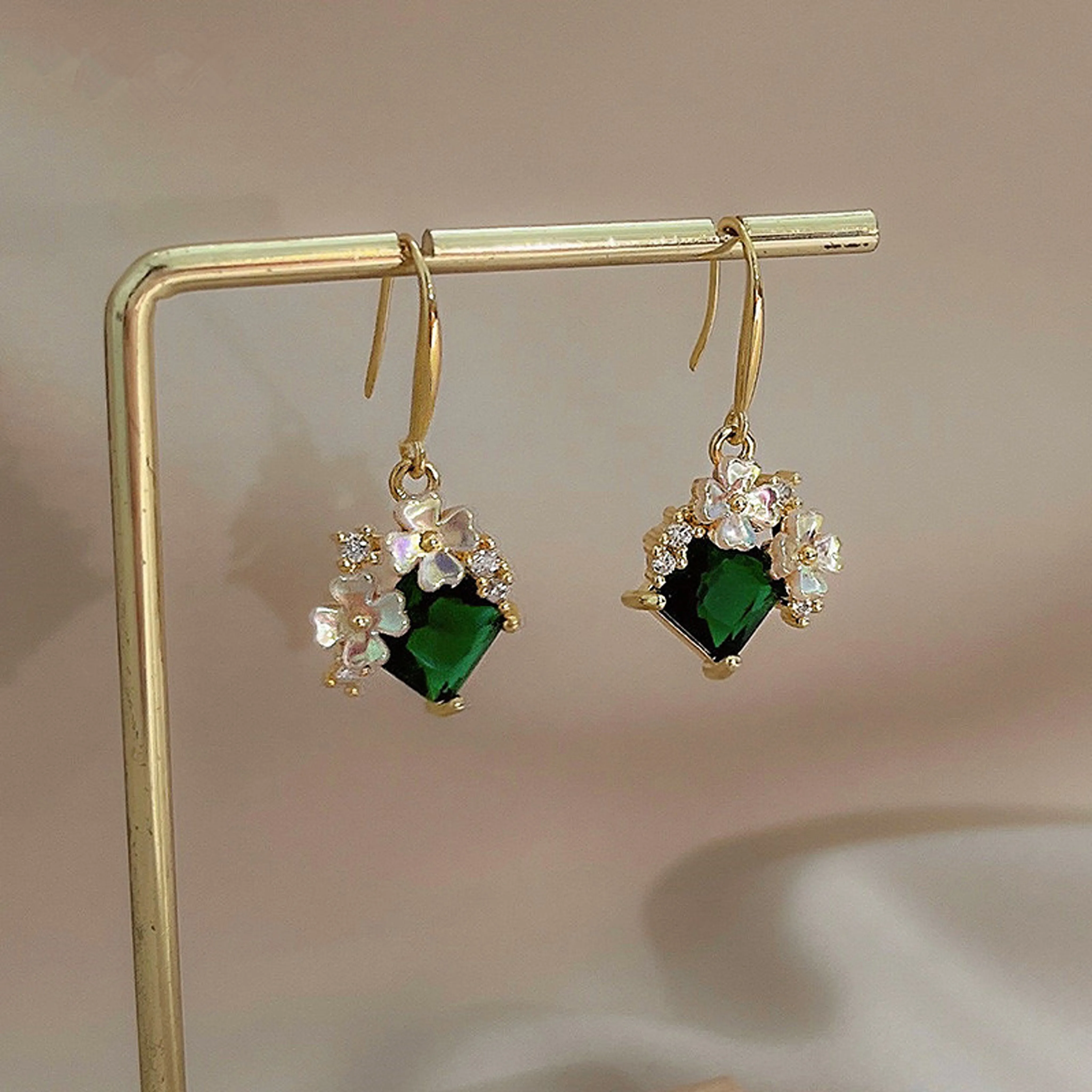 Floral Emerald Green Dangle Earrings
